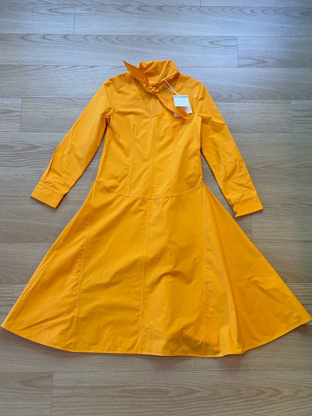 Jil Sander Orange Tie Neck Cotton Poplin Long Sleeve Midi Dress NWT Size 38 DE